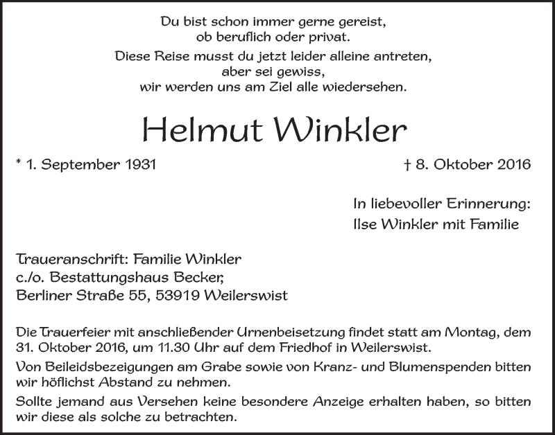  Traueranzeige für Helmut Winker vom 22.10.2016 aus  Blickpunkt Euskirchen 