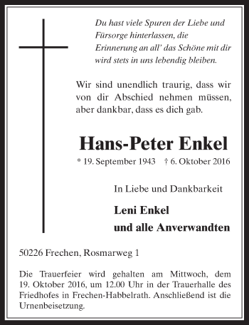 Anzeige von Hans-Peter Enkel von  Wochenende 