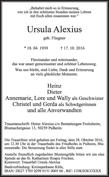 Anzeige von Ursula  Alexius von  Sonntags-Post 