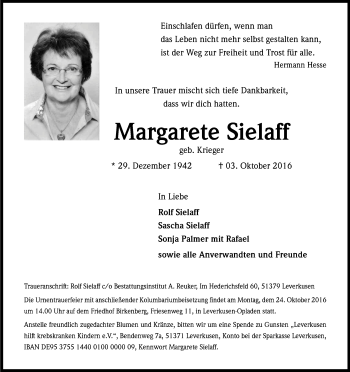 Anzeige von Margarete Sielaff von Kölner Stadt-Anzeiger / Kölnische Rundschau / Express