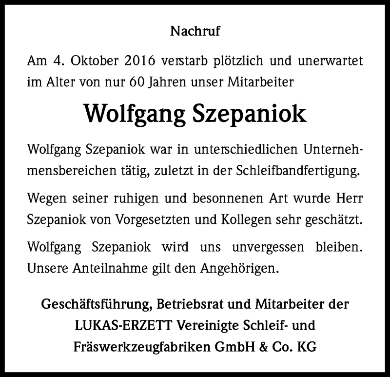  Traueranzeige für Wolfgang Szepaniok vom 19.10.2016 aus Kölner Stadt-Anzeiger / Kölnische Rundschau / Express