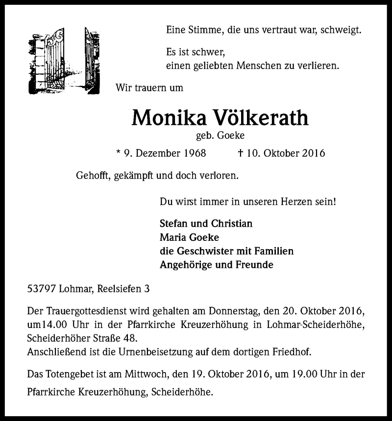  Traueranzeige für Monika Völkerath vom 15.10.2016 aus Kölner Stadt-Anzeiger / Kölnische Rundschau / Express
