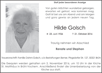 Anzeige von Hilde Golsch von  Schlossbote/Werbekurier 
