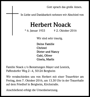 Anzeige von Herbert Noack von Kölner Stadt-Anzeiger / Kölnische Rundschau / Express