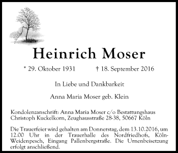 Anzeige von Heinrich Moser von Kölner Stadt-Anzeiger / Kölnische Rundschau / Express