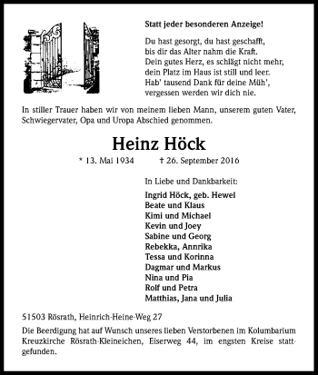 Anzeige von Heinz Höck von Kölner Stadt-Anzeiger / Kölnische Rundschau / Express