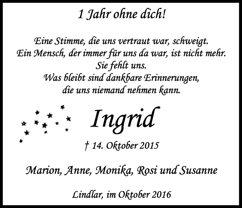  Traueranzeige für Ingrid Lang vom 14.10.2016 aus Kölner Stadt-Anzeiger / Kölnische Rundschau / Express