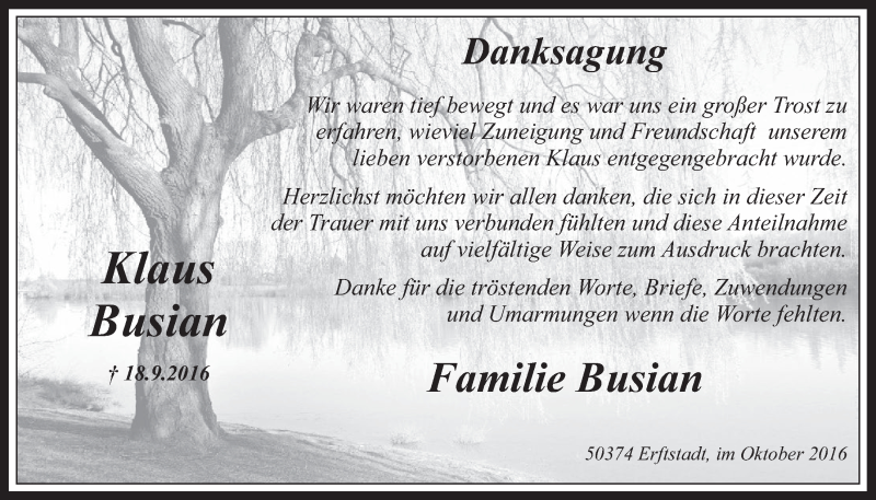  Traueranzeige für Klaus Busian vom 26.10.2016 aus  Werbepost 