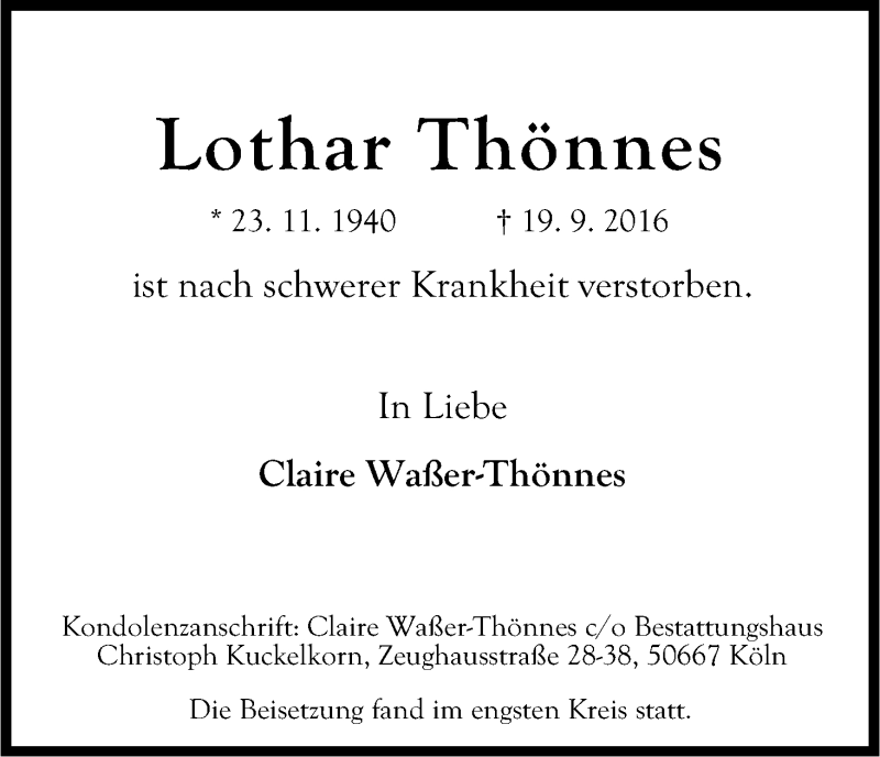  Traueranzeige für Lothar Thönnes vom 03.10.2016 aus Kölner Stadt-Anzeiger / Kölnische Rundschau / Express