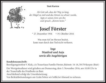 Anzeige von Josef Förster von  Sonntags-Post 
