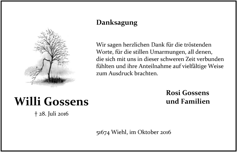  Traueranzeige für Willi Gossens vom 05.10.2016 aus  Anzeigen Echo 