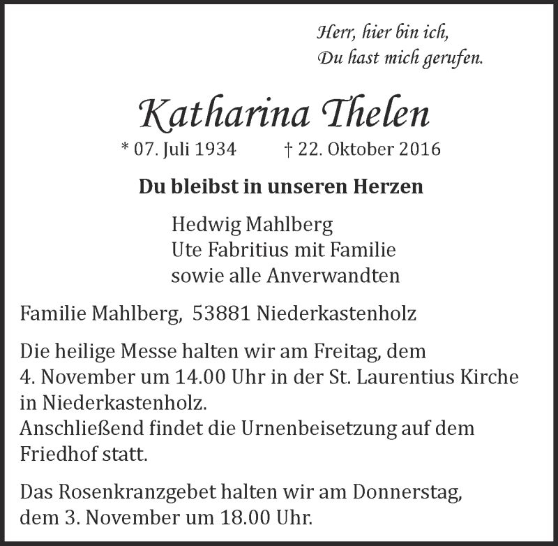  Traueranzeige für Katharina Thelen vom 29.10.2016 aus  Blickpunkt Euskirchen 