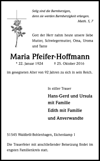 Anzeige von Maria Pfeifer-Hoffmann von Kölner Stadt-Anzeiger / Kölnische Rundschau / Express
