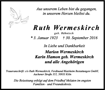 Anzeige von Ruth Wermeskirch von Kölner Stadt-Anzeiger / Kölnische Rundschau / Express