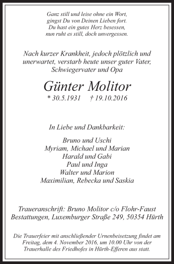 Anzeige von Günter Molitor von  Wochenende 