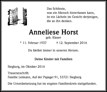 Anzeige von Anneliese Horst von Kölner Stadt-Anzeiger / Kölnische Rundschau / Express