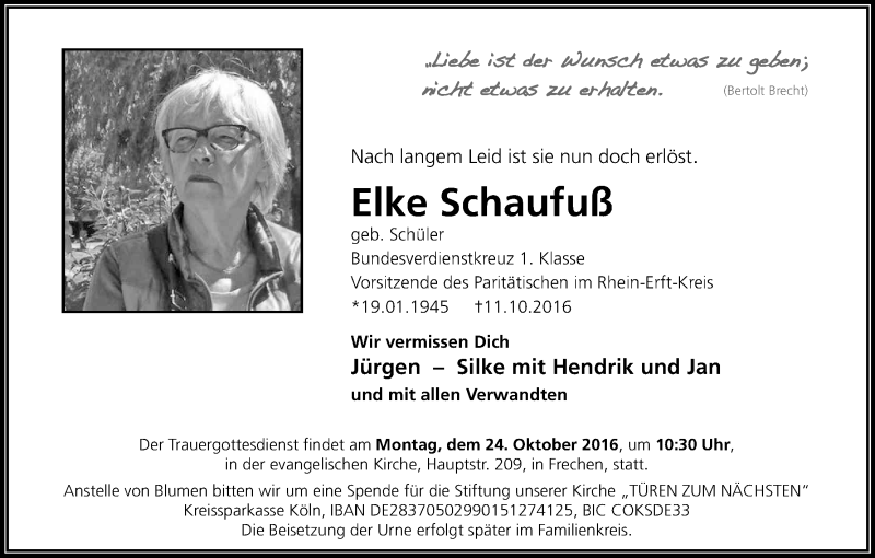  Traueranzeige für Elke Schaufuß vom 19.10.2016 aus Kölner Stadt-Anzeiger / Kölnische Rundschau / Express