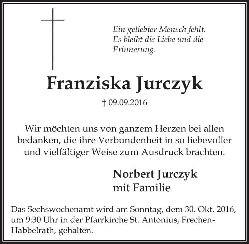  Traueranzeige für Franziska Jurczyk vom 26.10.2016 aus  Wochenende 