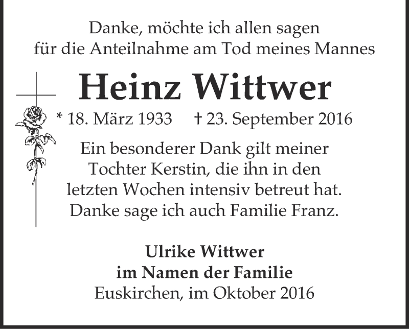  Traueranzeige für Heinz Wittwer vom 22.10.2016 aus  Blickpunkt Euskirchen 