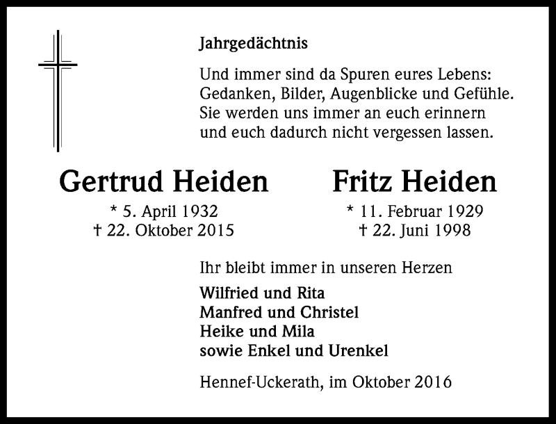  Traueranzeige für Gertrud/Fritz Heiden vom 22.10.2016 aus Kölner Stadt-Anzeiger / Kölnische Rundschau / Express