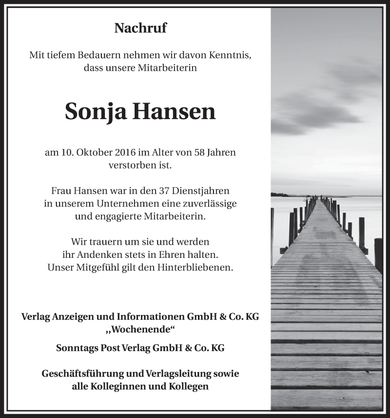  Traueranzeige für Sonja Hansen vom 15.10.2016 aus  Sonntags-Post 