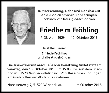 Anzeige von Friedhelm Fröhling von Kölner Stadt-Anzeiger / Kölnische Rundschau / Express