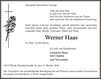 Anzeige von Werner Haas von  Anzeigen Echo 