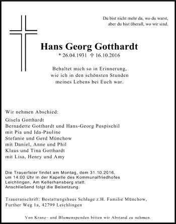 Anzeige von Hans Georg Gotthardt von Kölner Stadt-Anzeiger / Kölnische Rundschau / Express