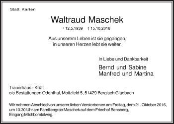 Anzeige von Waltraud Maschek von  Bergisches Handelsblatt 
