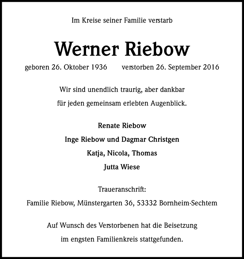  Traueranzeige für Werner Riebow vom 15.10.2016 aus Kölner Stadt-Anzeiger / Kölnische Rundschau / Express