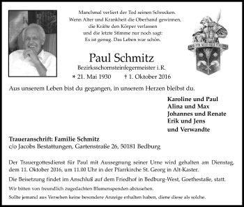 Anzeige von Paul Schmitz von Kölner Stadt-Anzeiger / Kölnische Rundschau / Express