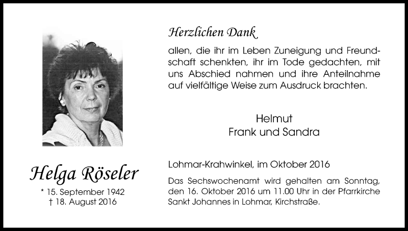  Traueranzeige für Helga Röseler vom 13.10.2016 aus Kölner Stadt-Anzeiger / Kölnische Rundschau / Express