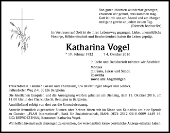 Anzeige von Katharina Vogel von Kölner Stadt-Anzeiger / Kölnische Rundschau / Express