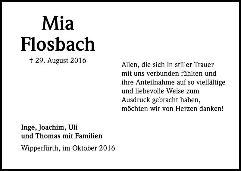  Traueranzeige für Mia Flosbach vom 08.10.2016 aus Kölner Stadt-Anzeiger / Kölnische Rundschau / Express