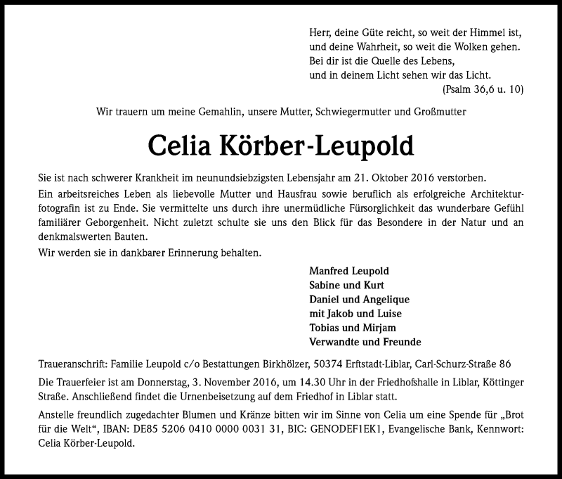  Traueranzeige für Celia Körber-Leupold vom 29.10.2016 aus Kölner Stadt-Anzeiger / Kölnische Rundschau / Express