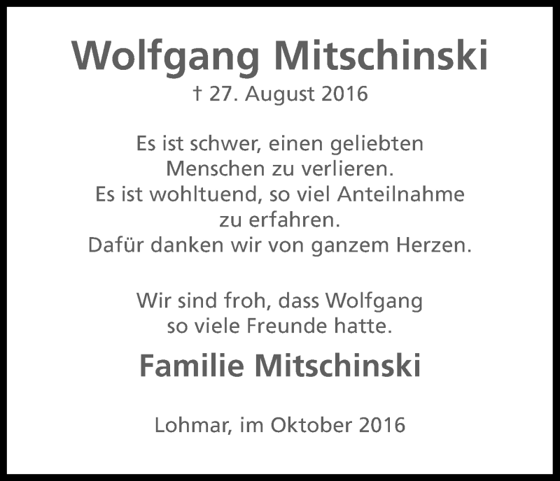  Traueranzeige für Wolfgang Mitschinski vom 15.10.2016 aus Kölner Stadt-Anzeiger / Kölnische Rundschau / Express