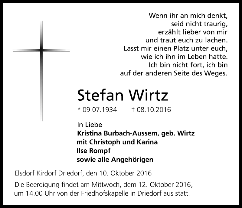  Traueranzeige für Stefan Wirtz vom 11.10.2016 aus Kölner Stadt-Anzeiger / Kölnische Rundschau / Express