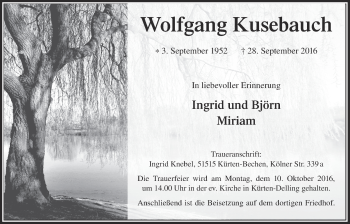 Anzeige von Wolfgang Kusebauch von  Bergisches Handelsblatt 