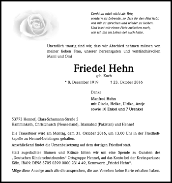 Anzeige von Friedel Hehn von Kölner Stadt-Anzeiger / Kölnische Rundschau / Express