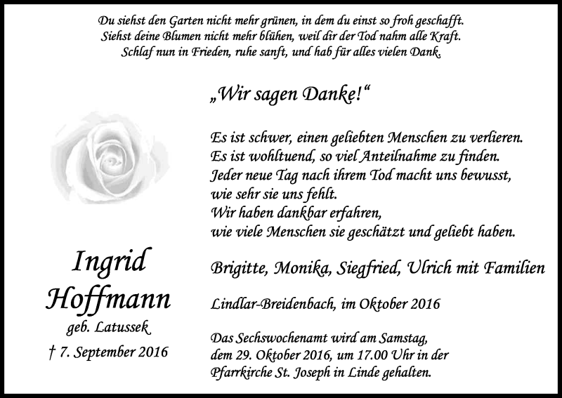  Traueranzeige für Ingrid Hoffmann vom 22.10.2016 aus Kölner Stadt-Anzeiger / Kölnische Rundschau / Express