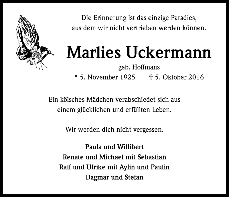  Traueranzeige für Marlies Uckermann vom 08.10.2016 aus Kölner Stadt-Anzeiger / Kölnische Rundschau / Express