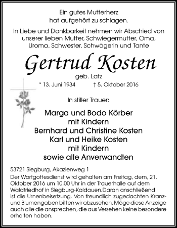 Anzeige von Gertrud Kosten von Kölner Stadt-Anzeiger / Kölnische Rundschau / Express