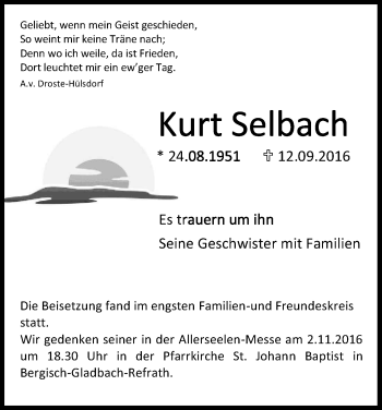 Anzeige von Kurt Selbach von Kölner Stadt-Anzeiger / Kölnische Rundschau / Express