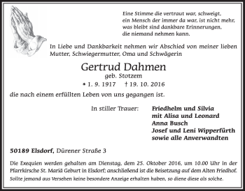 Anzeige von Gertrud Dahmen von  Sonntags-Post 