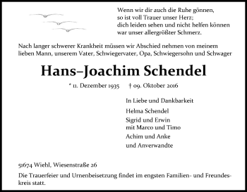 Anzeige von Hans-Joachim Schendel von Kölner Stadt-Anzeiger / Kölnische Rundschau / Express