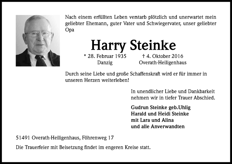 Traueranzeige für Harry Steinke vom 12.10.2016 aus Kölner Stadt-Anzeiger / Kölnische Rundschau / Express