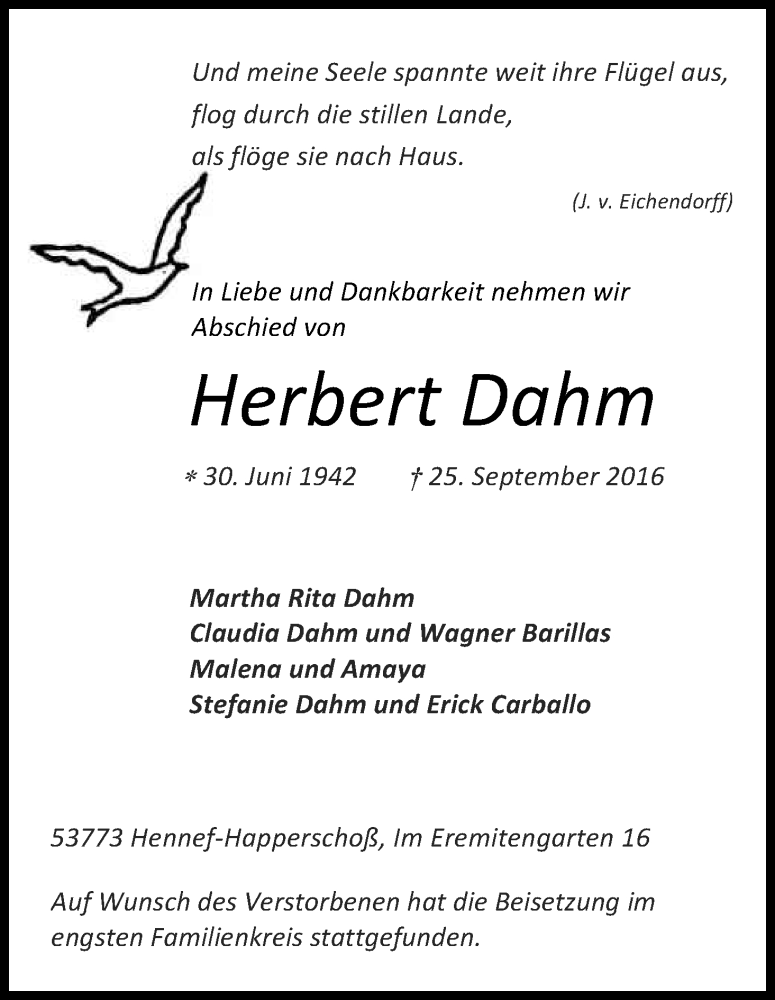  Traueranzeige für Herbert Dahm vom 18.10.2016 aus Kölner Stadt-Anzeiger / Kölnische Rundschau / Express