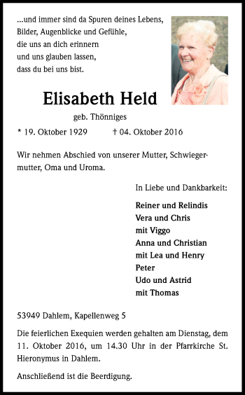 Anzeige von Elisabeth Held von Kölner Stadt-Anzeiger / Kölnische Rundschau / Express
