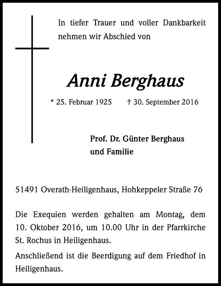  Traueranzeige für Anni Berghaus vom 05.10.2016 aus Kölner Stadt-Anzeiger / Kölnische Rundschau / Express