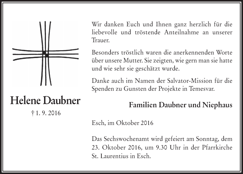  Traueranzeige für Helene Daubner vom 19.10.2016 aus  Werbepost 
